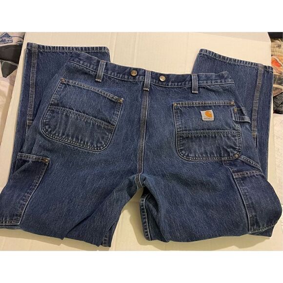 Distressed Carhartt Double knee Blue Denim Pants  Relaxed Fit Rugged Flex Utilit - Picture 9 of 16
